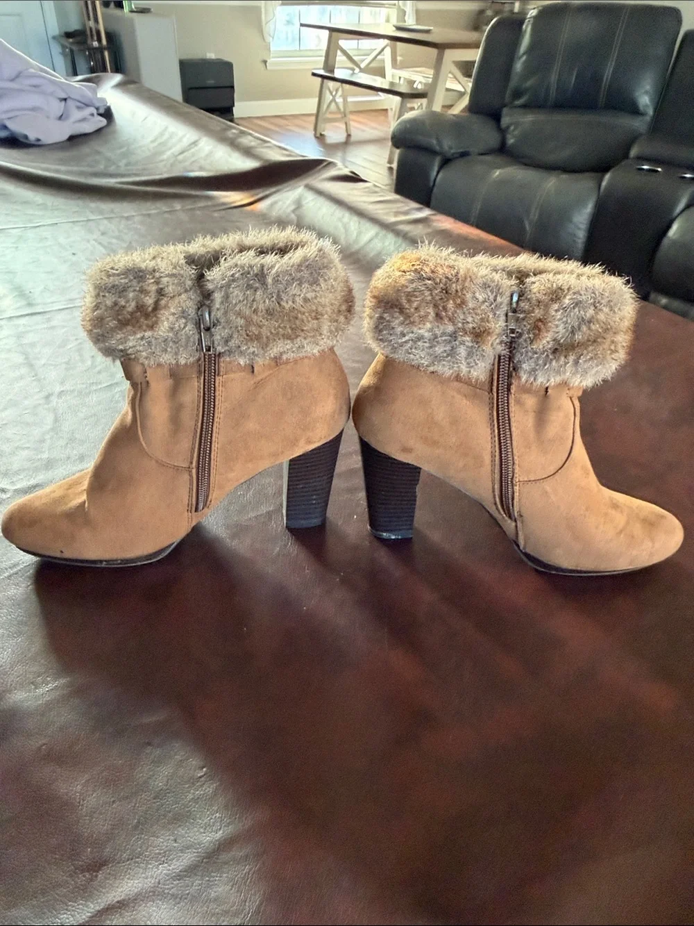 Dana Buchman Tan Suede Ankle Boots with Faux Fur Cuff